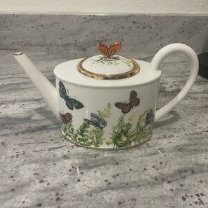 Burton White Teapot with Butterfly Motif and Gold Accents